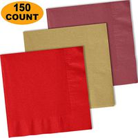 150 Lunch Napkins, Red, Glittering Gold, Burgundy - 50 Each Color. 2 Ply Paper Dinner Napkins. 6.5" folded, 13.5" unfolded.