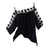 〓COOlCCI〓Womens Casual Tee Shirts Cold Shoulder Flowy Lace Hollow Out Summer Tops Basic Half Sleeve Tops Blouse Black