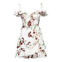 TWGONE Off The Shoulder Dress Floral Print Women Ladies Camisole Cascading Ruffle V-Neck Mini Dress(Medium,White)