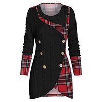 Coupondeal Plus Size Women O-Neck Long Sleeve Plaid Botton Pachwork Asymmetric Tops Sweater(Black,XXXXXL)