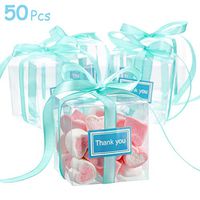 50 Pieces PVC Clear Box, 2.8 x 2.8 x 2.8 inch Transparent Candy Treat Box Clear Gift Boxes with 50 Pieces Thank You Sticker and 2 Roll 25 Yard Ribbon for Wedding, Party and Baby Shower Favors