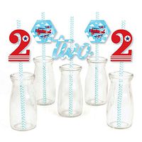 2nd Birthday Taking Flight - Airplane - Paper Straw Decor - Vintage Plane Second Birthday Party Striped Decorative Straws - Set of 24