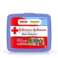 Johnson & Johnson Brand Safe Travels Portable First Aid Kit for Minor Wound Care with Assorted Adhesive Bandages, Ideal for Travel, Car & On-The-Go, 70 Pieces