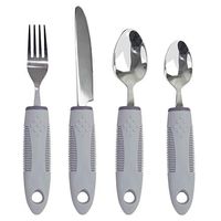 KMD Adaptive Utensils Set with Built-Up Non-Weighted Handles (4-Piece), Fork, Knife, and 2 Spoons for Arthritis, Parkinson’s, Tremors, Elderly or Disabled (Gray)
