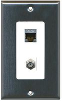 RiteAV Decorative 1 Gang Wall Plate (Stainless Steel/White) 2 Port - Cat6 (Shielded) Coax (White) - Bracket Included