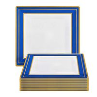 Elegant Disposable Plastic Dessert Plates 120 Pcs - Heavy Duty Fancy Square White with Blue & Gold Salad Plates - Reusable Party Cake Appetizer Plates For Wedding, Easter, Birthday & All Occasions