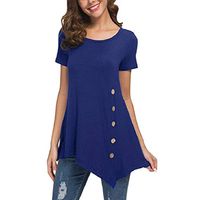 Coupondeal Women's Round Neck Loose Irregular Hem Short Sleeved T-shirt Blouse(Blue,S)