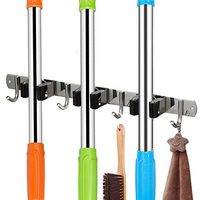 Broom Mop Holder Wall Mounted, Stainless Steel Broom Hanger with 3 Racks 4 Hooks, Heavy Duty Utility Tool Hanger Storage Organizer for Kitchen Bathroom Closet Garage Office Garden