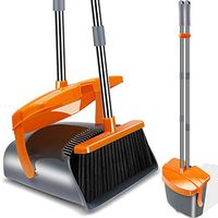 Kelamayi Broom and Dustpan Set, Long Handle Stainless Steel & Light Weight Lobby Broom Combo, Upright Dust Pan with Lid Ideal for Home, Kitchen, Room, Office Use (Gray & Orange)