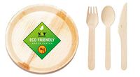 Eco Friendly Organic Biodegradable Disposable Areca Leaf Plates 8" inch Round Plates with Cutlery set - Pack of 25 pcs each (100 pcs set includes spoons, forks and knives)