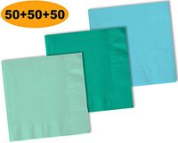 150 Beverage Napkins, Mint, Teal, Island Blue - 50 Each Color. 2 Ply Paper Cocktail Napkins. 5" folded, 10" unfolded.