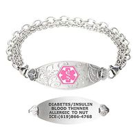 Divoti Custom Engraved Medical Alert Bracelets for Women, Stainless Steel Medical Bracelet, Medical ID Bracelet w/Free Engraving – Lovely Filigree Tag w/Tri-Strand-Pink-7.5"