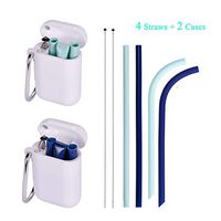 Collapsible Reusable 4 Silicone Straws with Portable 2 Keychain Carrying Case - Flexible Folding Drinking Straw with Cleaning Brush for Travel, BPA Free