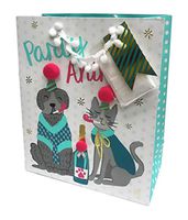 Party Animals Cute Cat & Dog Pom Pom Embellished Novelty Happy Birthday Celebration Gift Bag & Tissue Paper