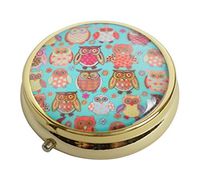 XingBoo Custom New Hot Round Medicine Tablet Pocket Travel Gold Pill Case Vitamin Glass Decorative Box (Owl Pattern)