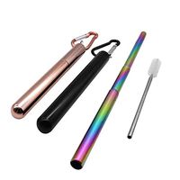 Reusable Stainless Steel Straws Retractable Metal Drinking Straws Portable Keychain Case with Cleaning Brush (Black+Rose Gold）