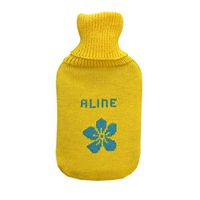 Personalized Hot Water Bottle 100% Merino Wool Knitted Rubber Hotty (Yellow-Aqua Blue with Flower)
