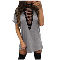 Smoxx Women's Short Sleeve Deep V Neck Pleated Solid Color Tunic Party Swing Bandage Ruched Club Mini Dress