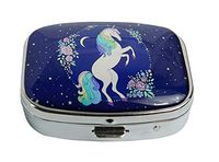LCTCKP Custom Fashion Square Glass Silver Pill Case Decorative Metal Western Medicine Tablet Container Box (Beautiful Unicorn with Flowers)