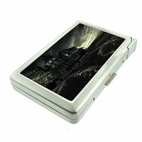 Cigarette Case with Built in Lighter Classic Haunted House S4 Smoking King Size Cigarettes Silver Metal Wallet 4" X 2.75" RFID Protection Halloween Horror Terror
