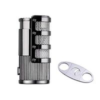 Cigar Cutter and Lighter Set, Cigar Punch Lighter Triple Jet Flame Butane Cigarette Torch Lighter (Silver)