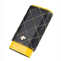Leather Cigar Case 3 Holders Black Yellow Genuine Leather Travel Cigar Case, Packed with Nice Gift Box