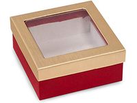 Rigid Clear Window Candy Boxes - Red Matte & Brushed Gold Candy Box Clear Window 3-1/2x3-1/2x1-1/2" - (2 Packs; 24 Per Pack) - WRAPS-CW1RMG