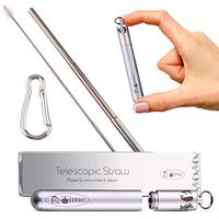 EcoTime Collapsible Reusable Drinking Straw - Stainless Steel Design with Cleaning Brush - Two Silicone Tips - Carabiner Keychain and Metal Case - 9.3 Inches - Dishwasher-Safe - Silver