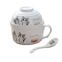 Bowl Bowl Rice Bowl Instant Noodles Tableware Set Cute Children Students Korean Single Household with Lid Cartoon Adult Creative Personality Ceramics Hotel tableware home noodles boiled fish soup bowl
