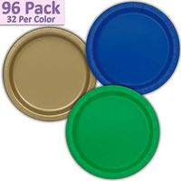 96 Paper Dinner Plates (9") - Royal Blue, Gold, Emerald Green - 32 Per Color, 3 Colors - Great Assortment for Birthday Parties, Weddings, Holidays, Baby Shower, Celebrations, and more