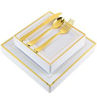 Gold Square Plastic Dinnerware (125-Piece) Plastic Plates, Plastic Forks, Plastic Knives, Plastic Spoons - Service for 25 Guests Gold Place Setting for Wedding, Party, Baby Shower, Birthday, Holiday
