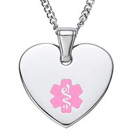 Divoti Deep Custom Laser Engraved Stainless Steel Medical Alert Necklace for Women, Heart Tag Medical ID Necklace, Medical Pendant Tag w/Free Engraving -24/28" Curb Chain -Pink