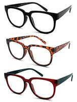 EYE ZOOM 3 Pairs Ladies Popular Style Readers Large Frame Retro Reading Glasses for Women, Black, Brown Tortoise and Red, Strength: +2.00