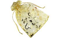 QIANHAILIZZ 100 Pack 7 x 9 Inch Drawstring Flower Heart Bags Organza Jewelry Gift Pouch Candy Pouch Drawstring Wedding Favor Bags (Gold Heart)