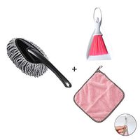 Meirun Car Duster Multi-Functional Duster Set, Dusting Tool with Mini Dustpan, Dust Brush & Microfiber Cleaning Cloth (Grey and Pink, Pack of 3)