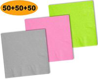 150 Beverage Napkins, Lime Green, Shimmering Silver, Candy Pink - 50 Each Color. 2 Ply Paper Cocktail Napkins. 5" folded, 10" unfolded.