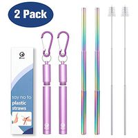 Collapsible Metal Straws Telescopic Reusable Rainbow Foldable Straws Eco-Friendly for Drinking Reusable Straws with Case Keychain Cleaning Brush Portable Steel 9.25 Inch 2 Pack (2Pack - Purple)