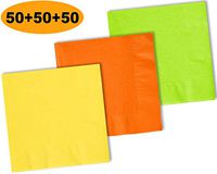 150 Beverage Napkins, Lemon Yellow, Pumpkin Orange, Lime Green - 50 Each Color. 2 Ply Paper Cocktail Napkins. 5" folded, 10" unfolded.