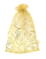 SUNGULF 100pcs Organza Pouch Bag Drawstring 5x7 13x18cm Strong Gift Candy Bag Jewelry Party Wedding Favor (Gold Flower Vine Print)