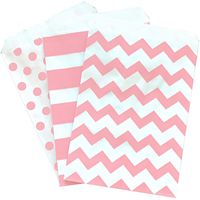 Blush Pink and White Paper Treat Sacks - Chevron Stripe Polka Dot Favor Bags- 5.5 x 7.5 Inches - 48 Pack