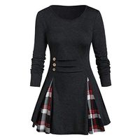 Aniywn Women's Long Sleeve Pullover Tunics Tops Crew Neck Button Plaid Pleated Hooded Sweatshirt Black