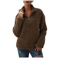 Alangbudu Women Zipper Up V Neck Pullover Fluffy Plush Coat Shirt Long Sleeve Blouse Baggy Tops Casual Outwear Jacket Brown