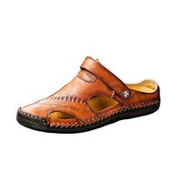 Yomiafy Men's Soft Leather Closed Toe Sandals Breathable Outdoor Casual Beach Slipper(Red,US:9.5)