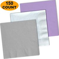 150 Lunch Napkins, Shimmering Silver, Bright White, Lavender - 50 Each Color. 2 Ply Paper Dinner Napkins. 6.5" folded, 13.5" unfolded.