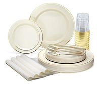 " OCCASIONS" 200pcs set (25 Guests)-Heavyweight Wedding Party Disposable Plastic Plate Set -25 x 10.5'' + 25 x 7.5'' + Silverware + Cups +linen like paper Napkins (Ivory & Gold Rim)