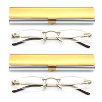 EYE-ZOOM 2 Pack Metal Rimless Reading Glasses with Spring Hinge Lightweight Slim Gold and Silvery Aluminum Case Reader for Comfort Fit Men and Women Choose Your Magnification +2.00
