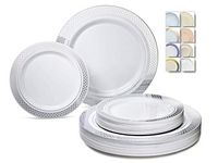 " OCCASIONS" 240 Plates Pack,(120 Guests) Heavyweight Premium Disposable Plastic Plates Set -120 x 10.5'' Dinner + 120 x 7.5'' Salad/Dessert (Celebration in White & Silver)