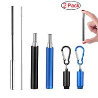 2 Pack Telescopic Reusable Straws Stainless Steel Metal Collapsible Drinking Straws with Aluminum Case, Cleaning Brush, Keychain for Travel, Home, Office (Black/Blue)