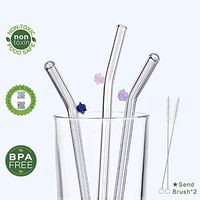 By-Heart Glass Straws Premium Glass Bent Resuable Straws with Colorful Flower 9" x 8 mm, BPA Free, Long Dringking Straws for Bubble Tea, Smothies, Milkshakes-3 Pack with 2 Cleaning Brushes