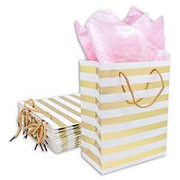 12-Pack Foldable Cardstock Paper Gift Bags with Handles (Medium 9", Metallic Gold Foil Stripes) for Presents, Retails or Party Favors by TheDisplayGuys